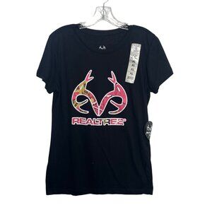 Realtree Camo Logo Short Sleeve Tshirt Womens XL Black Pink New Hunting